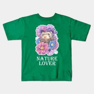 Ferret And Flowers - Nature Lover - White Outlined Version Kids T-Shirt